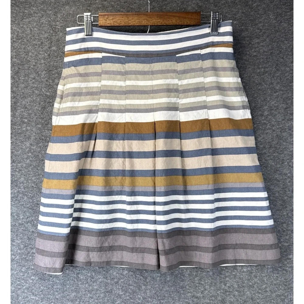 Banana Republic Striped Full Skirt Womens 8 Taupe Linen Blend Luxe Pockets Lined